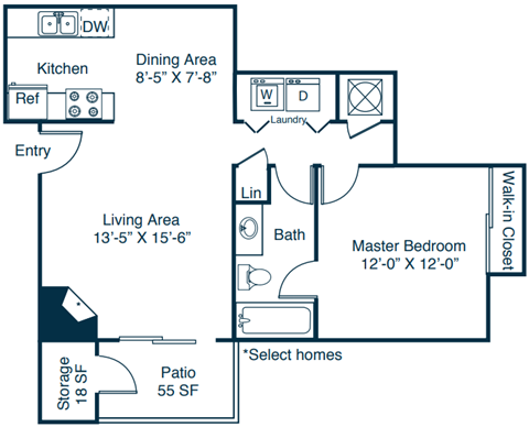 Floor plan for 1 bed, 1 bath, 743 sqft